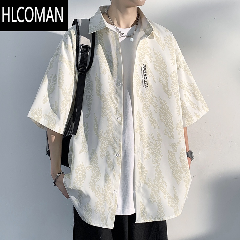 HLCOMAN凉感休闲短袖衬衫男夏季薄美式宽松半袖衣服男士衬衣外套