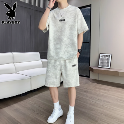 花花公子运动服套装男士夏季薄款圆领短袖T恤搭配休闲短裤一套男