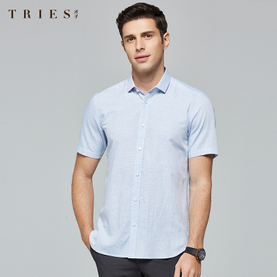 才子男装tries格子短袖衬衫男士夏季新款修身商务休闲正装薄款透气衬衣