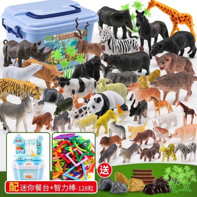 儿童动物玩具模型老虎仿真动物玩具套装野生动物园塑胶男孩子4岁动物70件套收纳盒装-+餐台+智力棒