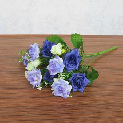敬平单支假花仿真花束玫瑰塑料花草客厅装饰品摆设插花瓶小盆栽花卉单束韩国玫蓝色