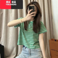 YIBUSHENG减龄时尚新款T恤条纹洋气女圆领上衣季短袖撞色2024百搭潮