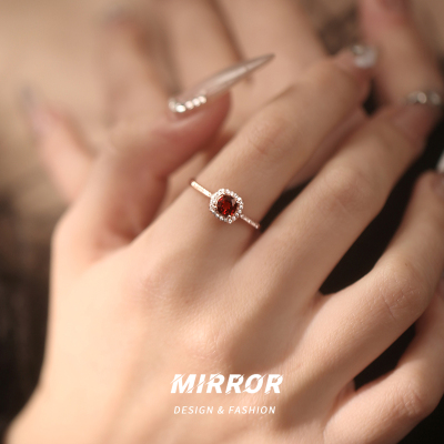 925纯银石榴石方形戒指女小众设计尾戒ins风时尚简约闺蜜送女朋友老婆情人节七夕生日礼物
