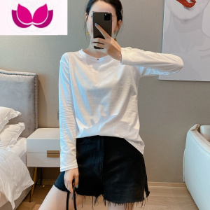七斓白色宽松正肩纯色长袖T恤女2023新款欧货内搭上衣打底衫