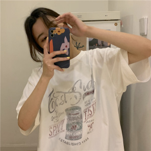 棉质印花夏季宽松短袖T恤女学生圆领休闲韩版情侣INS上衣女款上衣