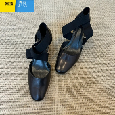 聚范版~复古交叉带粗跟芭蕾风包头凉鞋女中空浅口高跟玛丽珍单鞋