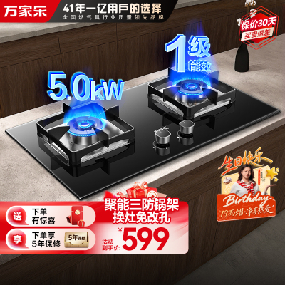 万家乐双高火燃气灶 5.0KW大火力嵌入式台式两用煤气灶液化气双灶具 可适配开孔尺寸 全进风液化气灶JZY-LAY8