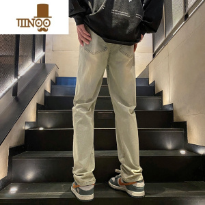 YANXU水洗做旧黄泥色修身牛仔裤男款直筒小脚显瘦大码美式高街裤子