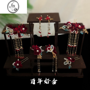 JiMi新款秀禾头饰新娘敬酒服中式古装红色绒花简约结婚配饰大气高级 模特头饰套装