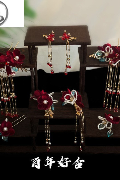 JiMi新款秀禾头饰新娘敬酒服中式古装红色绒花简约结婚配饰大气高级