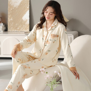 睡衣女秋冬季新款棉质翻领开衫长袖带胸垫宽松大码休闲家居服套装