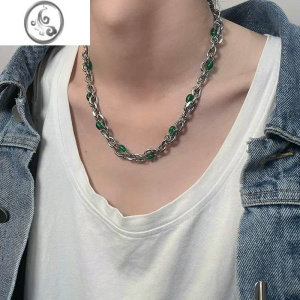 JiMi重工钛钢民族风绿珠项链男款潮百搭设计感小众古巴链子男士锁骨链