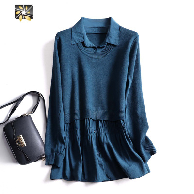 暖青汇假两件套针织衬衣休闲上衣时尚春装女装束腰衬衫百搭小衫毛衣潮衬衫