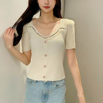 法式小香风方领彩钻钉珠针织衫女夏季新款修身显瘦设计感短袖上衣