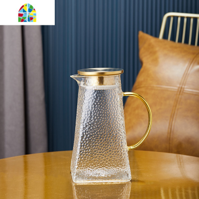 封后北欧冷水壶凉白开水壶玻璃家用客厅可高温凉水壶水杯套装喝水杯子 FENGH 金锤纹[一壶6杯6勺]+莫兰迪大+金色双层