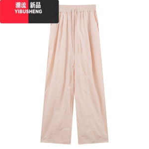 YIBUSHENG蓝色小众蝴蝶结刺绣休闲裤女季薄款小个子宽松直筒阔腿裤长裤子