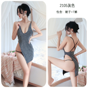长夜漫漫情趣内衣性感闪亮吊带开叉裙女夜店制服诱惑免脱睡衣2105