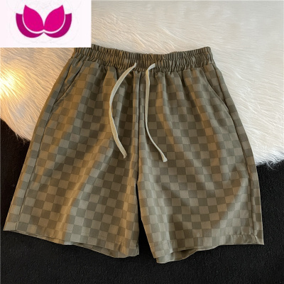 七斓棋盘格休闲短裤男夏季薄款潮牌美式复古沙滩裤宽松运动直筒五分裤