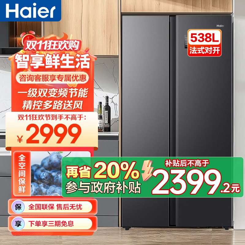 海尔(Haier)538升对开门嵌入冰箱 一级双变频节能 精控多路送风 智+魔方视窗 BCD-538WGHSSEDB9