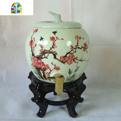 5升手画陶瓷冷水壶带龙头装开水 汗蒸室凉瓶大容量家用可高温泡茶 FENGHOU 马到功成(铜水龙头)绿凉水壶