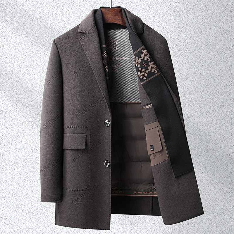 时尚轻奢西装领羊毛双面呢大衣男士秋冬潮流脱卸鸭绒内胆呢子外套