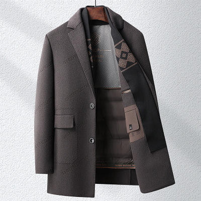 时尚轻奢西装领羊毛双面呢大衣男士秋冬潮流脱卸鸭绒内胆呢子外套