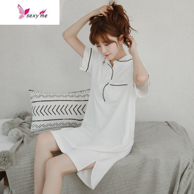 睡裙女夏季薄款睡衣韩版短袖棉宽松长款学生家居服性感可外穿FISHBASKET