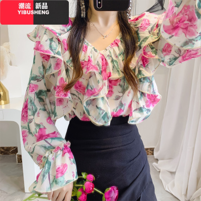 YIBUSHENG2020新款喇叭袖碎花雪纺衫女荷叶边仙气上衣女秋设计感韩版小衫