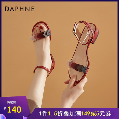 达芙妮一字带低跟凉鞋女平底鞋仙女小清新2021年新款夏季红色粗跟