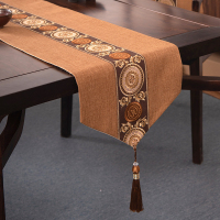 新中式禅意桌旗美式茶几餐桌布艺长条电视柜盖巾现代简约北欧床 阖家圆-卡其 33*280cm(适用桌长2.3米-2.4米)
