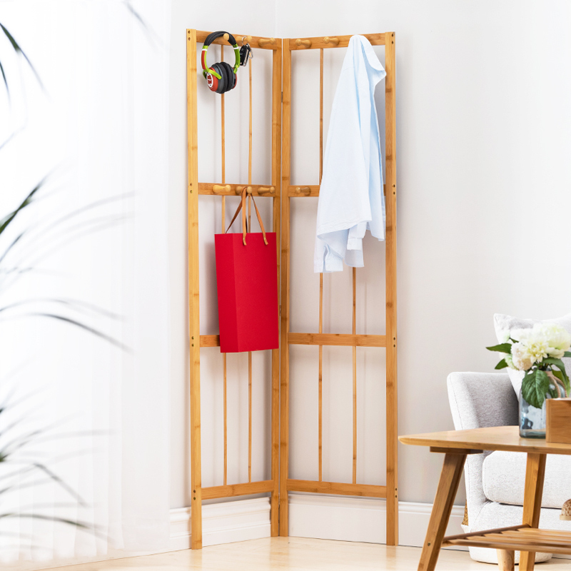 汐岩挂衣架落地卧室收纳置物架实木衣架木质简约转角衣帽架挂包架