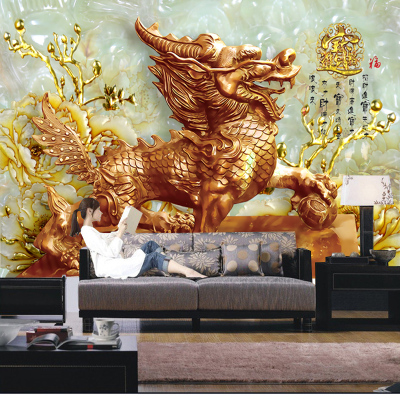 大型3d立体墙纸壁画客厅电视背景过道玉雕麒麟油画无缝墙布壁纸