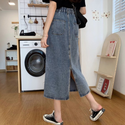 YIBUSHENG春装裙子2021新款复古水洗高腰显瘦后开叉中长款A字牛仔半身裙女