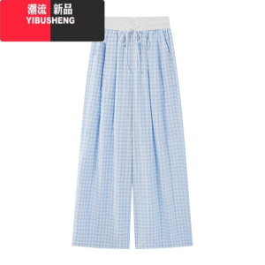 YIBUSHENG羊城故事 蓝色格子松紧腰抽绳休闲裤女季宽松显瘦直筒阔腿长裤