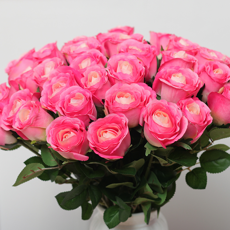 客厅玫瑰花束塑料绢花假花仿真花婚庆装饰花艺摆件10支装-粉红色