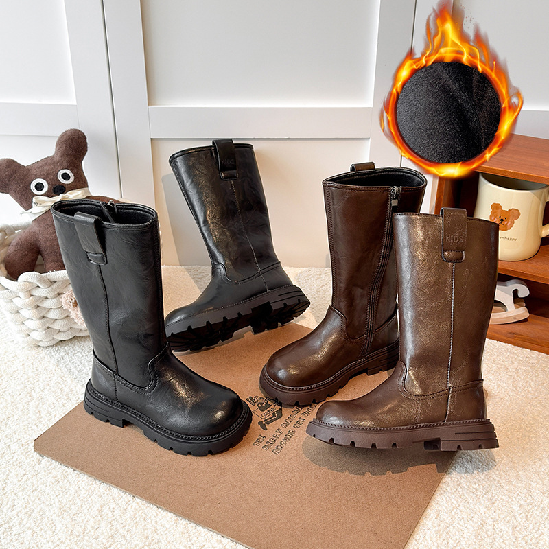 女童长筒靴秋冬新款儿童二棉高筒靴女孩马丁靴加绒公主长靴潮