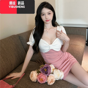YIBUSHENG小个子夜场上班工作服显身材褶皱紧身连衣裙女撞色低胸性感包臀裙