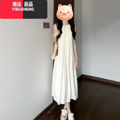 YIBUSHENG法式气质白色无袖背心连衣裙子女装季2024新款高级感小个子长裙