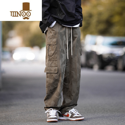 YANXU迷彩工装裤子男款美式复古多口袋直筒裤潮牌宽松运动休闲长裤