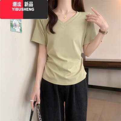 YIBUSHENG大码胖妹妹女装短袖t恤2024季韩版宽松显瘦修身正肩V领纯色上衣