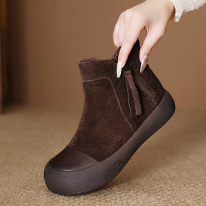 头层牛皮秋冬新款小短靴女复古软底裸靴英伦风圆头侧拉链软皮