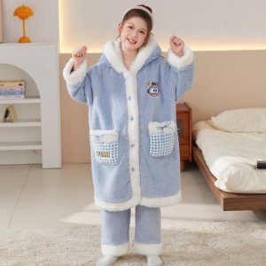 浪莎女童珊瑚绒睡衣儿童加绒加厚法兰绒睡袍女孩中大童家居服套装