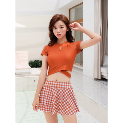 佑游泳衣女分体显瘦遮肚保守平角游泳衣2020新款短袖运动大码温泉泳装