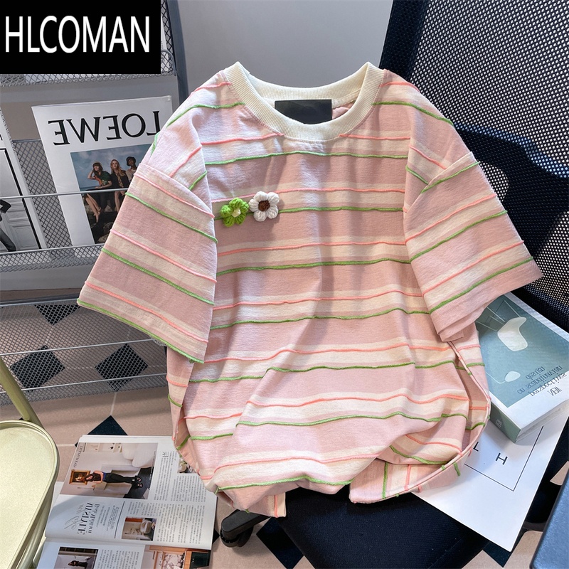HLCOMAN法式chic港风甜美立体花朵短袖t恤男女夏高级感小众条纹半袖上衣