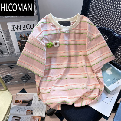 HLCOMAN法式chic港风甜美立体花朵短袖t恤男女夏高级感小众条纹半袖上衣