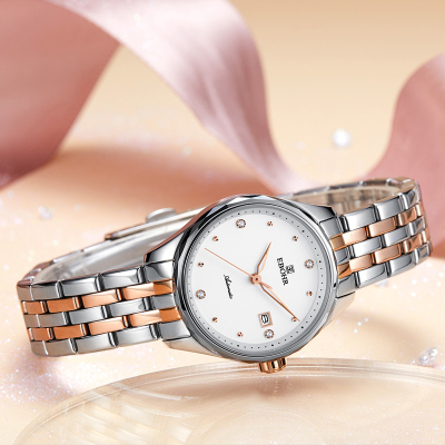 依波表EBOHR自动机械女表不锈钢蝴蝶扣日历显示50米防水人工蓝宝石玻璃表镜