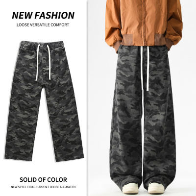 大口袋迷彩工装裤男系绳宽松直筒拖地裤子青年显高学生休闲裤_351