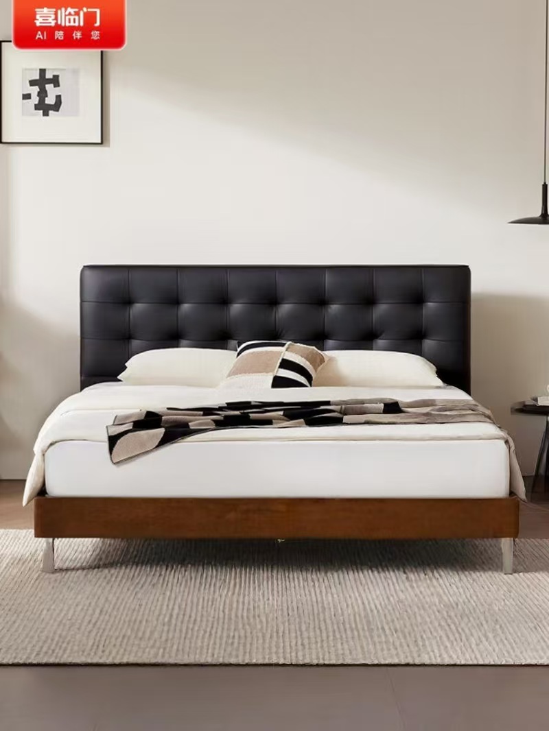 喜临门 - 黑白格皮床 头层牛皮实木床 双人中古风高脚大床