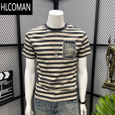 HLCOMAN欧货高端2025夏季新款男士条纹短袖T恤个性弹力上衣清新文艺潮流