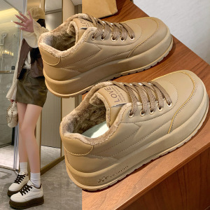 时言(SHIYAN)冬季加绒女鞋2025新款韩版女士休闲鞋厚底增高休闲板鞋女 卡其色 37码